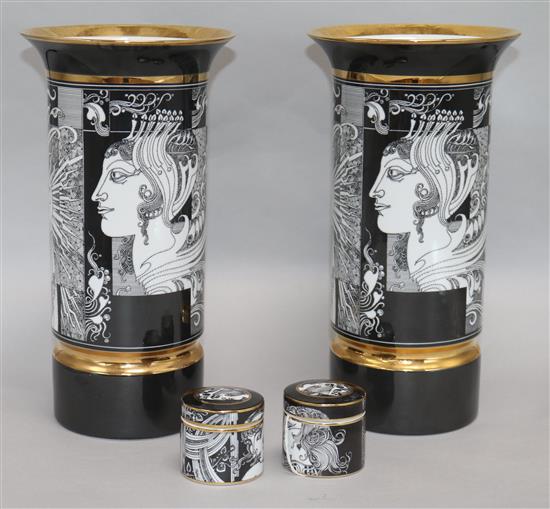 A pair of Endre Szasz (1926-2003) for Hollohaza, black & white printed cylindrical vases and a pair of similar small lidded pots (4)